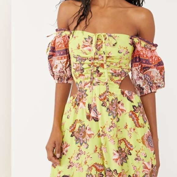 NWT FREE PEOPLE bali citrus skies lime red Floral Yellow Jumpsuit size XS - Picture 6 of 13